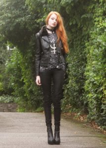 . coated jeans with edgy outfit