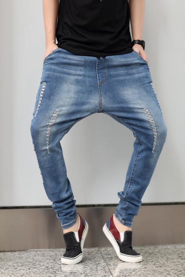 Men Harem Pants Denim Trousers Holes Loose Fit Hip Hop Blue Pocket Stylish