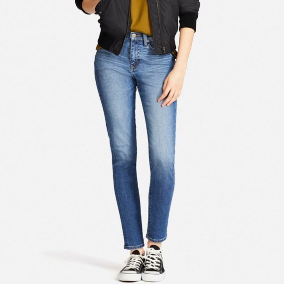 black bomber jacket blue cigarette jeans