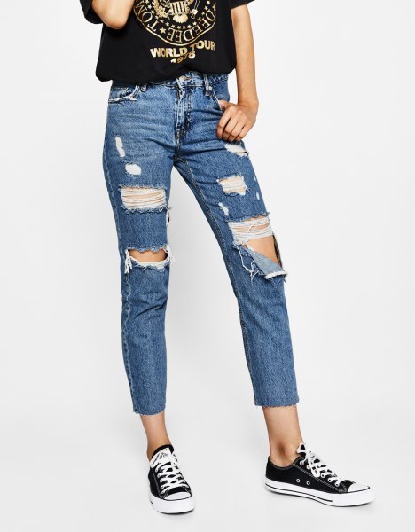 black print tee ripped blue jeans