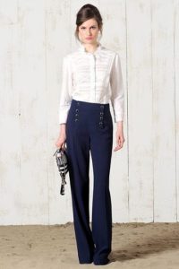 white lace button up shirt with navy sailor pants